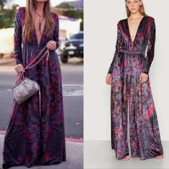 NWT FP Giselle Velvet Stretchy Wide Leg Jumpsuit Dark Combo Xs - Picture 8 of 17